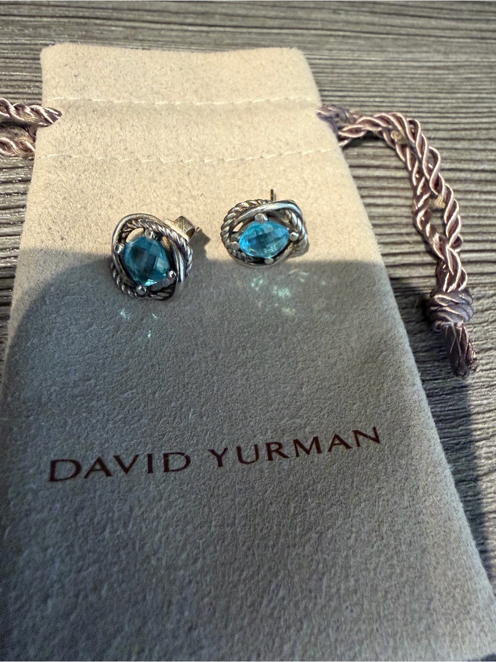 David Yurman Sterling Silver Blue Topaz Cable Stud Earrings - Picture 2 of 5